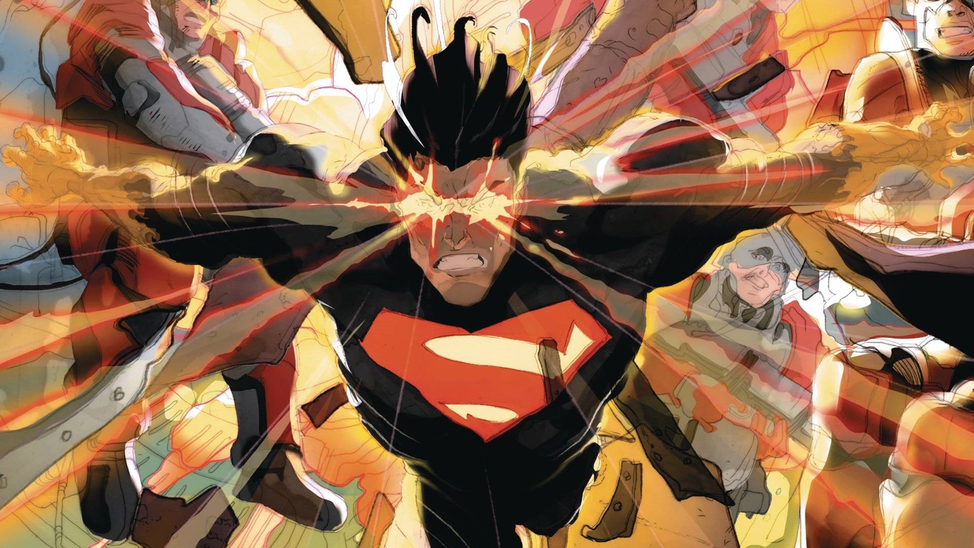 Absolute Superman #4 variant cover, Kal-El blasting peacemakers