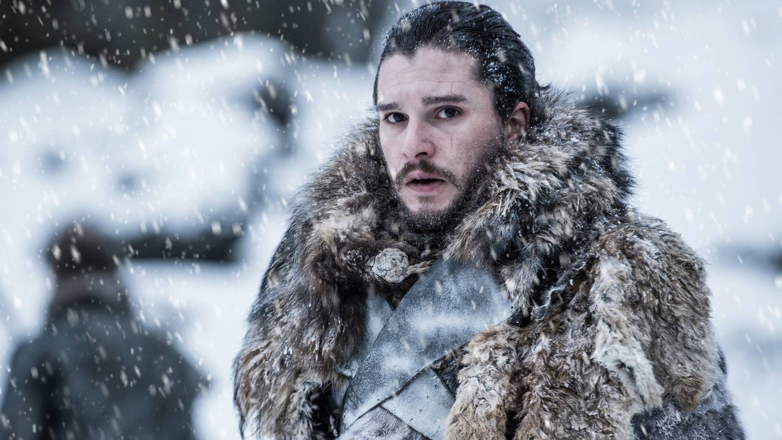 Kit Harington as Jon Snow in the middle of a blizzard in Game of Thrones