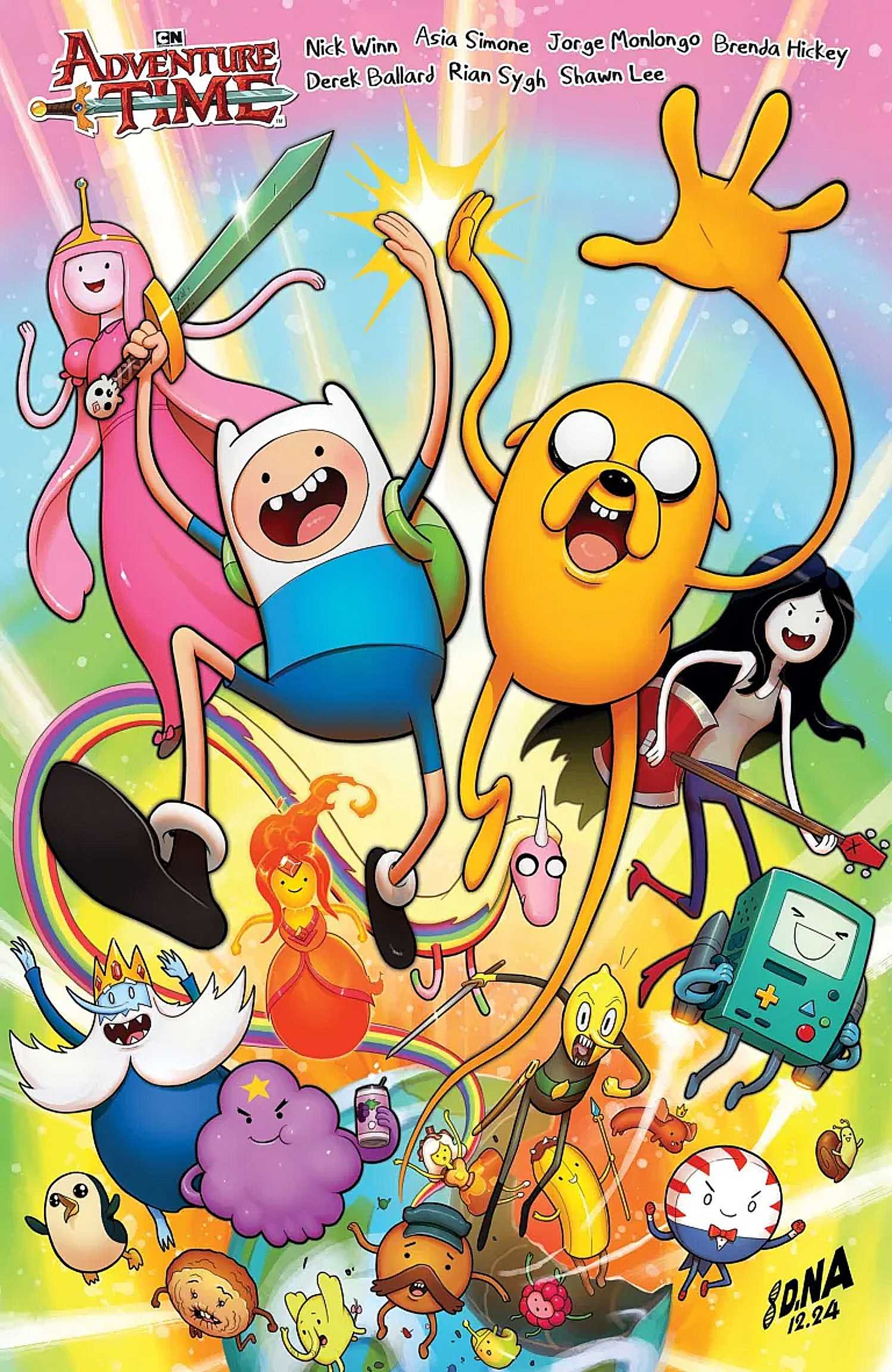 Adventure Time comic cover, characters from the series leaping into action