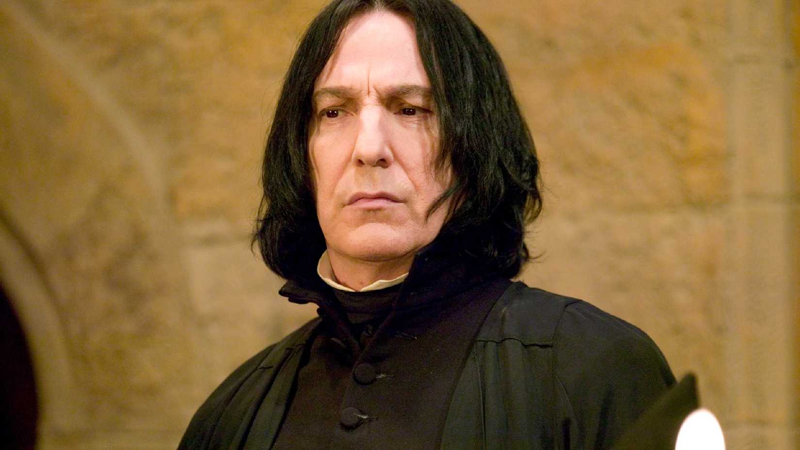 Alan Rickman as Snape looking perturbed in Harry Potter