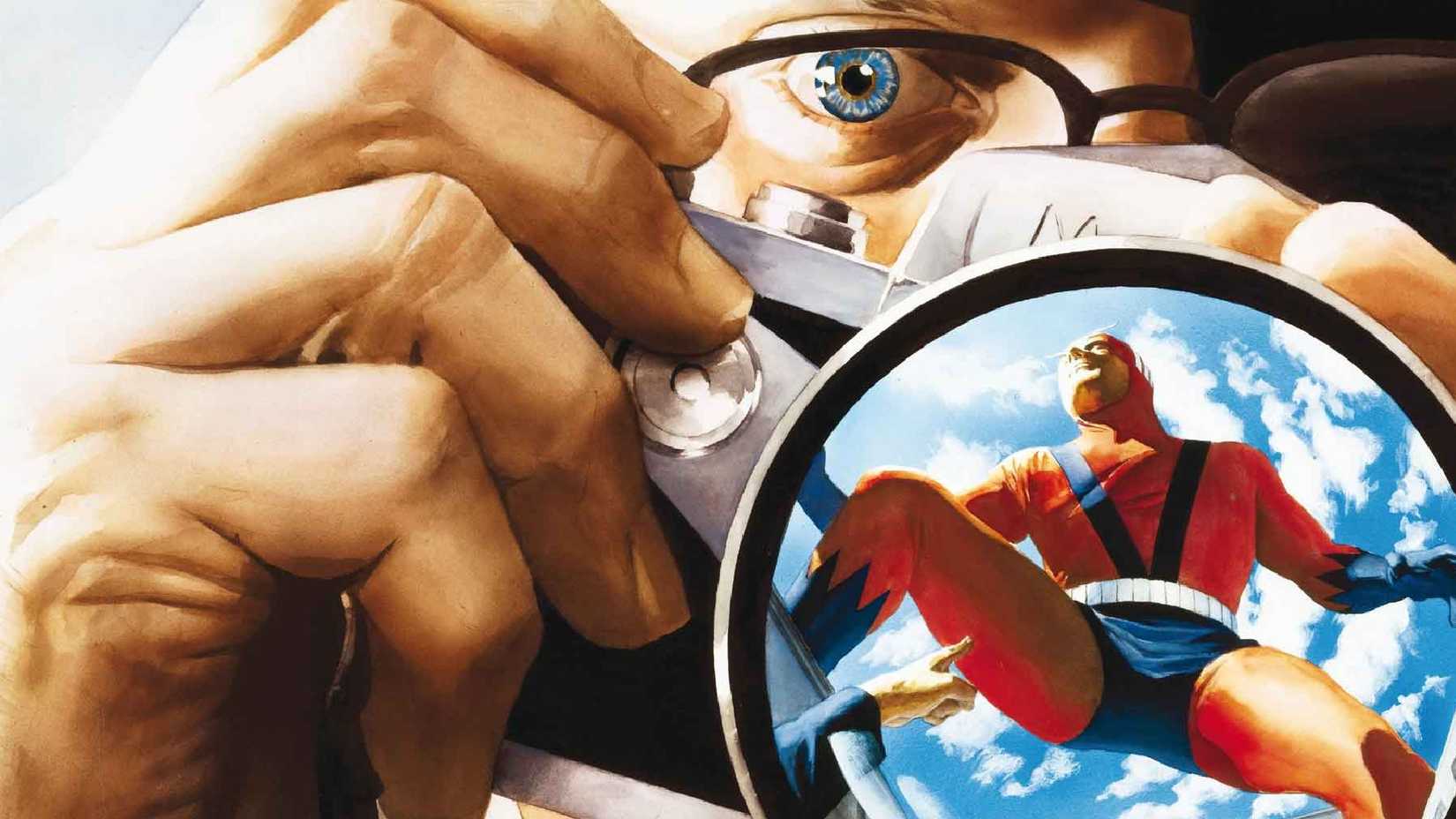 Arte de Alex Ross em Marvels, mostrando Phil Sheldon fotografando os Vingadores