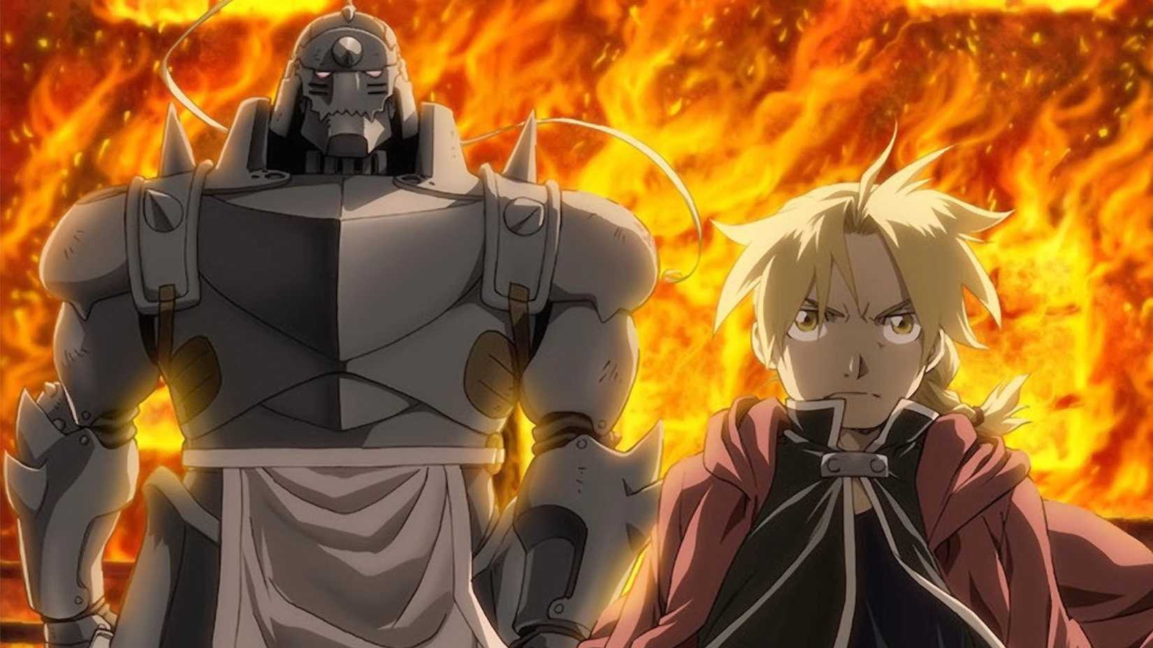Alphonse and Edward standing in front of a fire wall in Fullmetal Alchemist Brotherhood