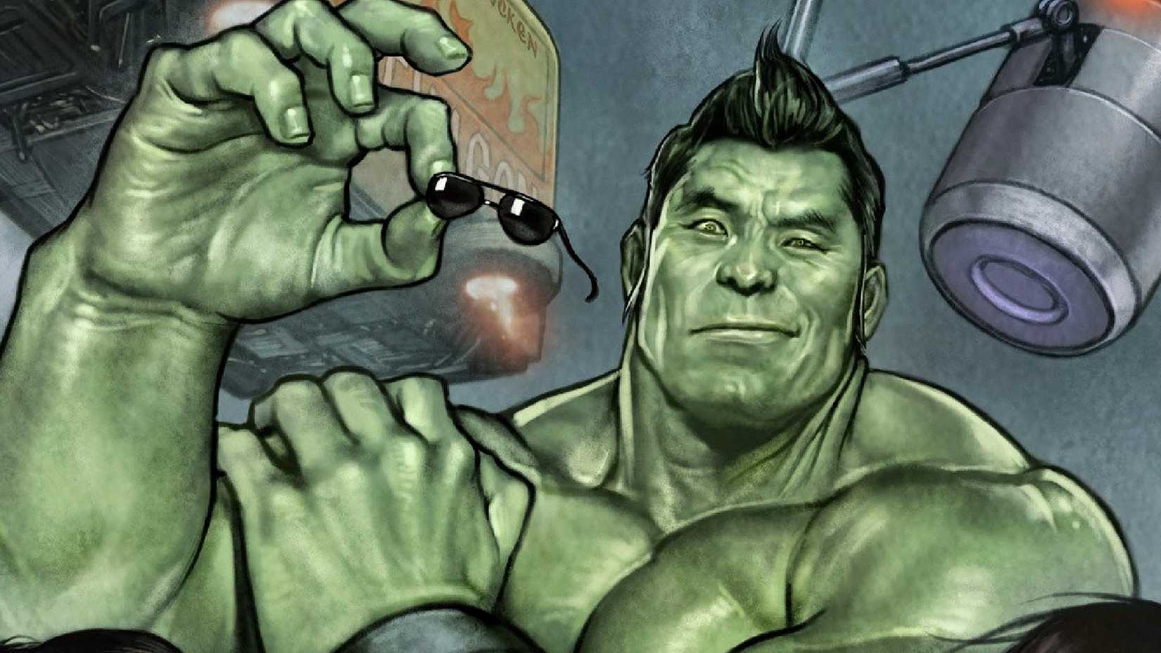 Amadeus Cho holds a pair of sunglasses in The Totally Awesome Hulk comic cover