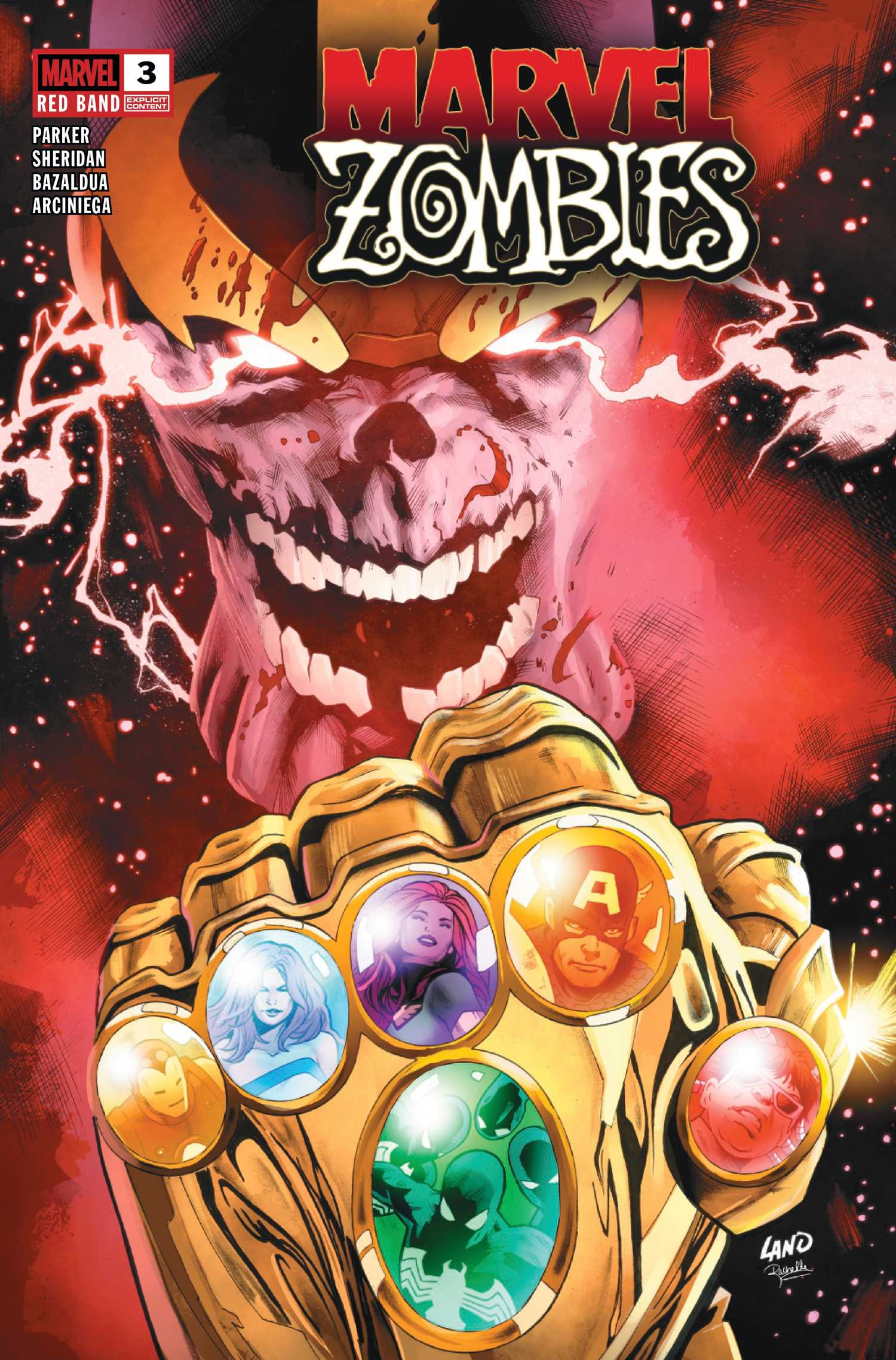 An infected Thanos laughs as he wields all six Infinity Stones in Marvel Zombies Red Band #3 cover