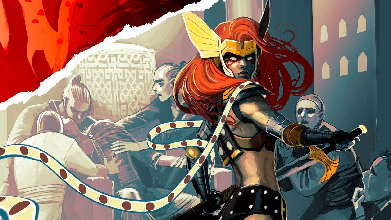 Angela prepares to unsheathe her sword in the halls of Marvel's Heven