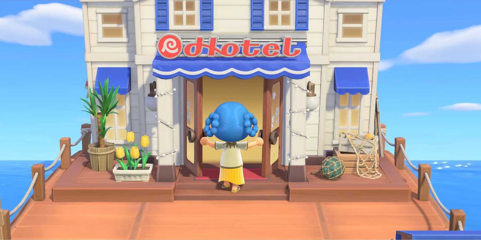 Animal Crossing New Horizons 3.0 update trailer showing a blue haired player character walking into the new hotel
