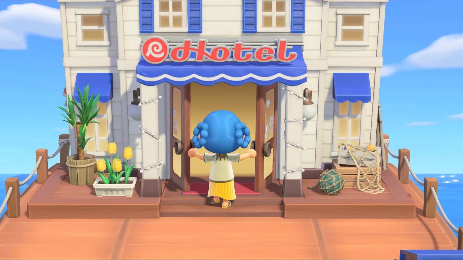 Animal Crossing New Horizons 3.0 update trailer showing a blue haired player character walking into the new hotel
