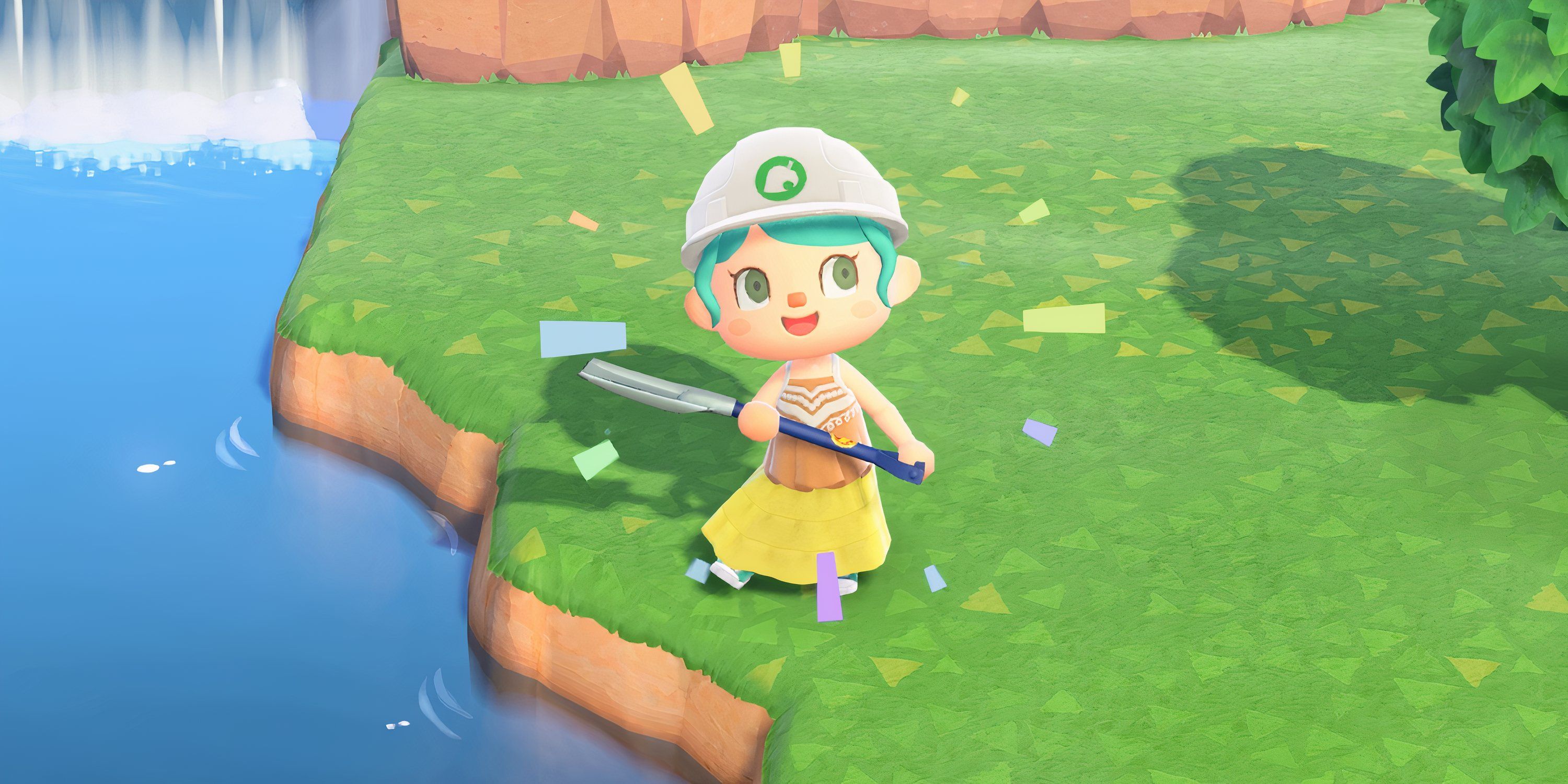 Animal crossing new horizons character standing with a shovel and a hard hat in an empty location-2