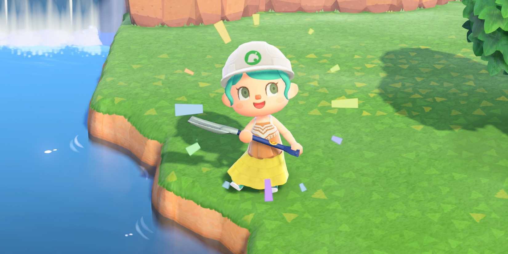 Animal crossing new horizons character standing with a shovel and a hard hat in an empty location