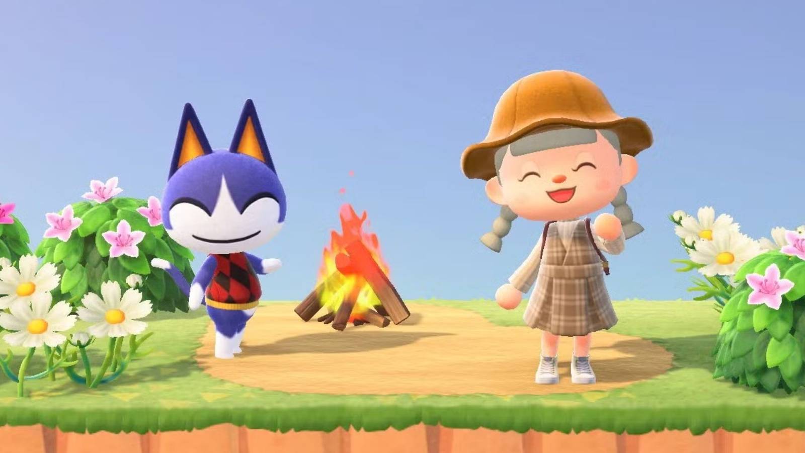 Animal Crossing New Horizons player stands next to the cat Rover and waves