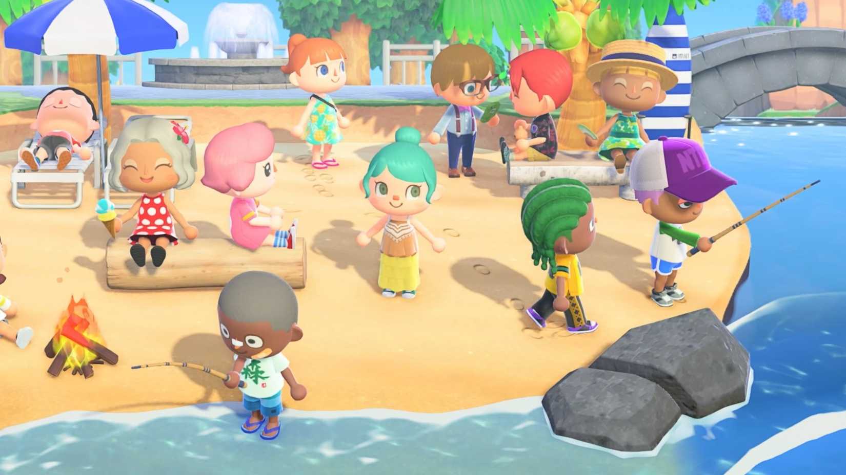 Animal Crossing New Horizons players hanging out on an island beach