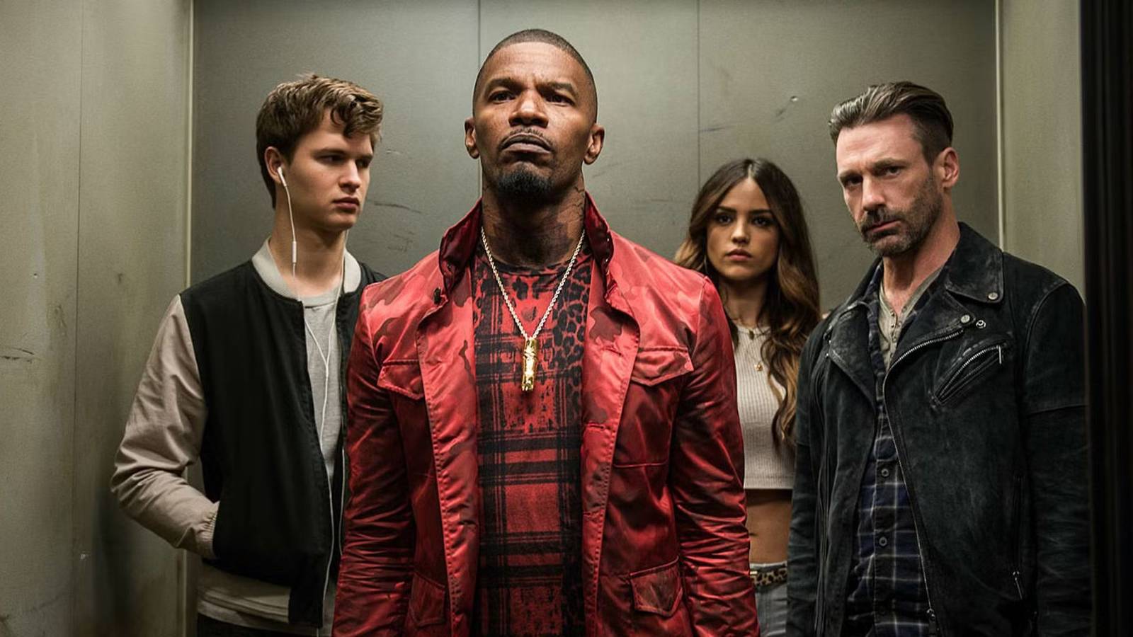 Ansel Elgort as Baby in an elevator with Buddy, Darling, and Bats in Baby Driver