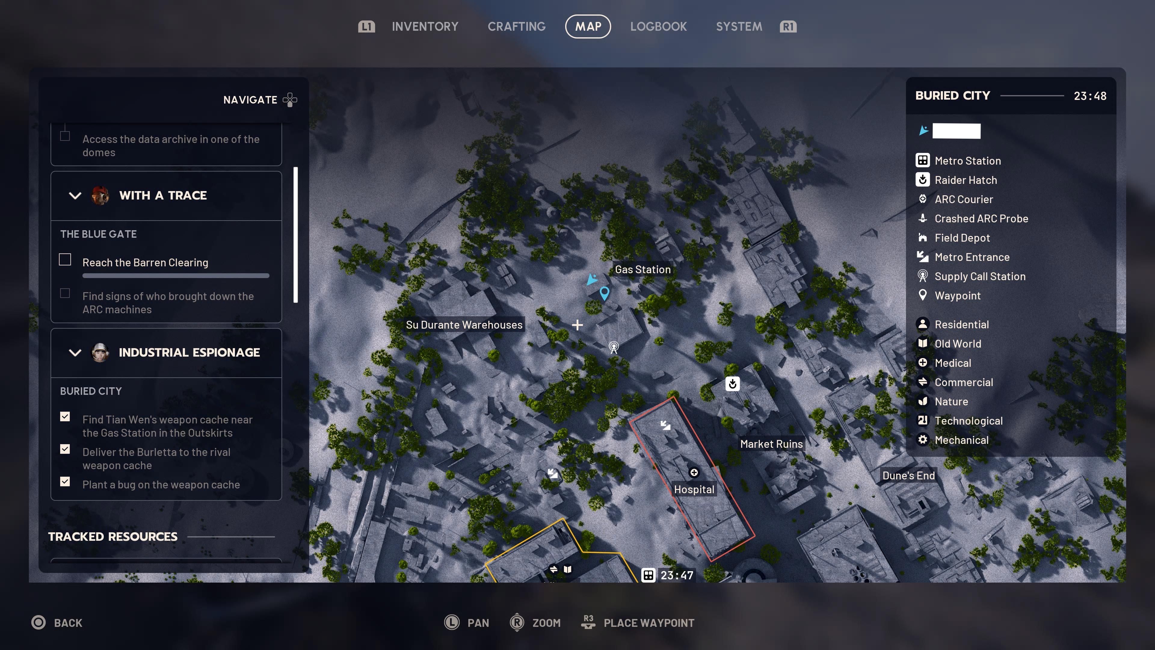 Mappa di ARC Raiders che evidenzia il nascondiglio delle armi vicino alla Gas Station in Buried City.