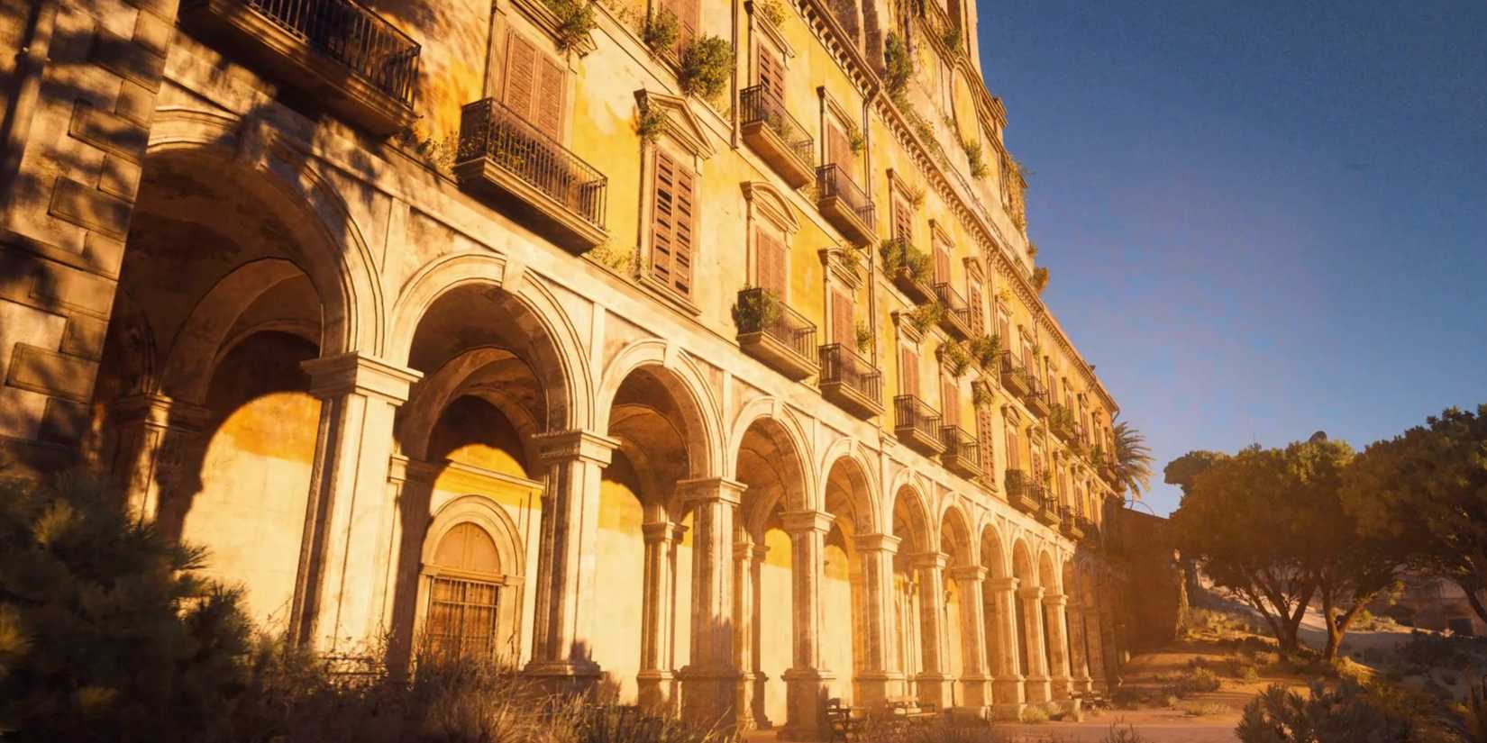 Sun shining on the facade of a building in ARC Raiders' Buried City map.