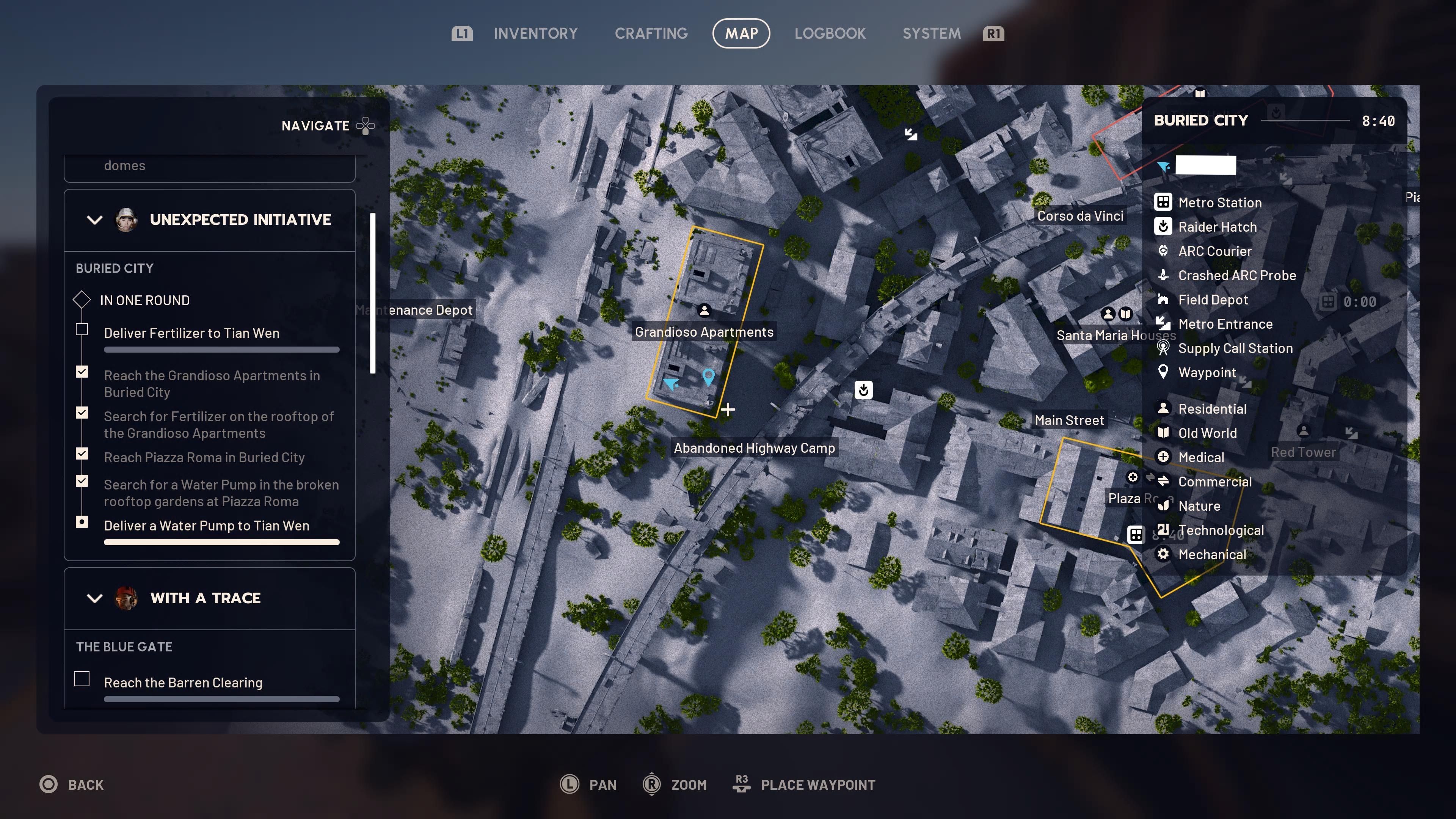 Map screenshot showing where to find the fertilizer in Buried City during the 'Unexpected initiative' quest.