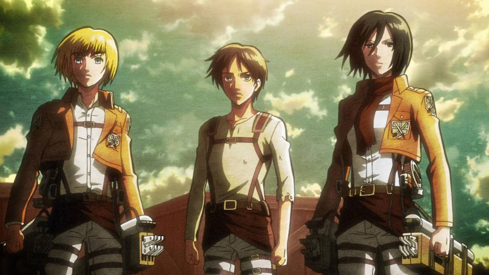 Armin, Eren, and Mikasa standing atop a wall in Attack on Titan