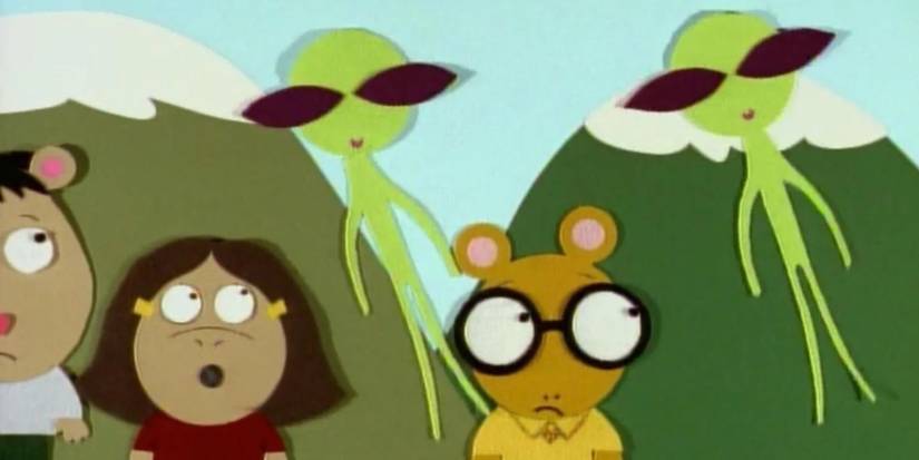 Arthur sendo abduzido por alienígenas no estilo de South Park.