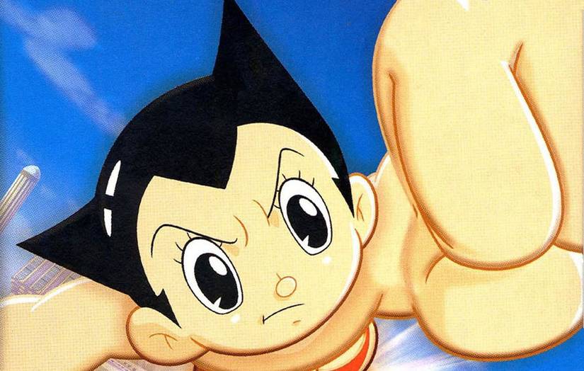 Astro boy closeup on box art of astro boy flying through the sky