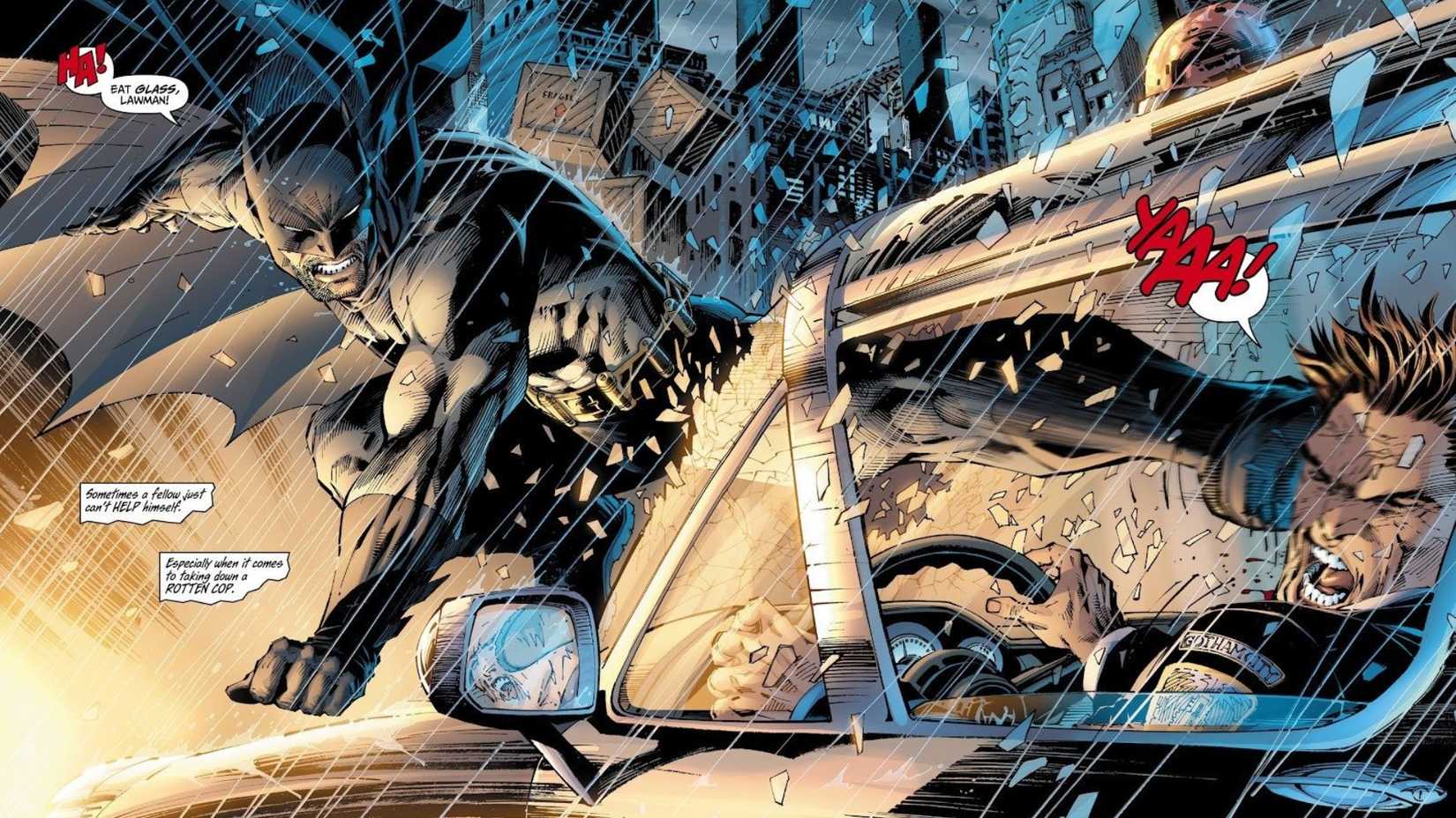 Batman kicks a criminal through his car's windshield in All-Star Batman & Robin