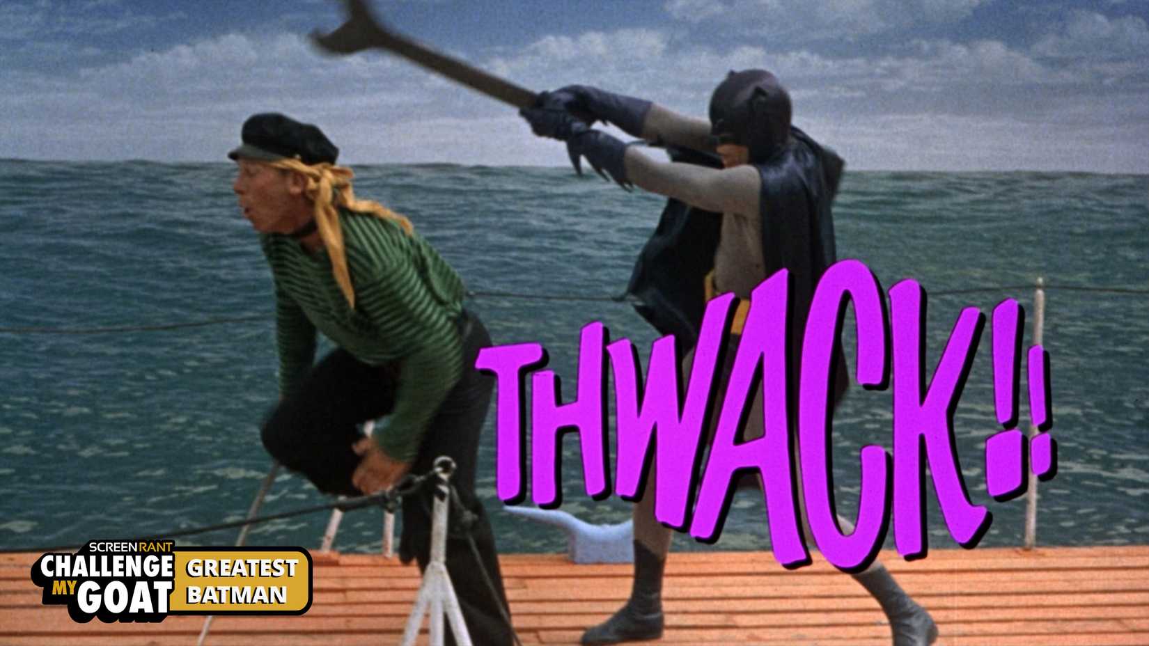 Batman hits one of Penguin's goons with a large wrench. An onomatopoeia of the word "thwack!" flashes on the screen.