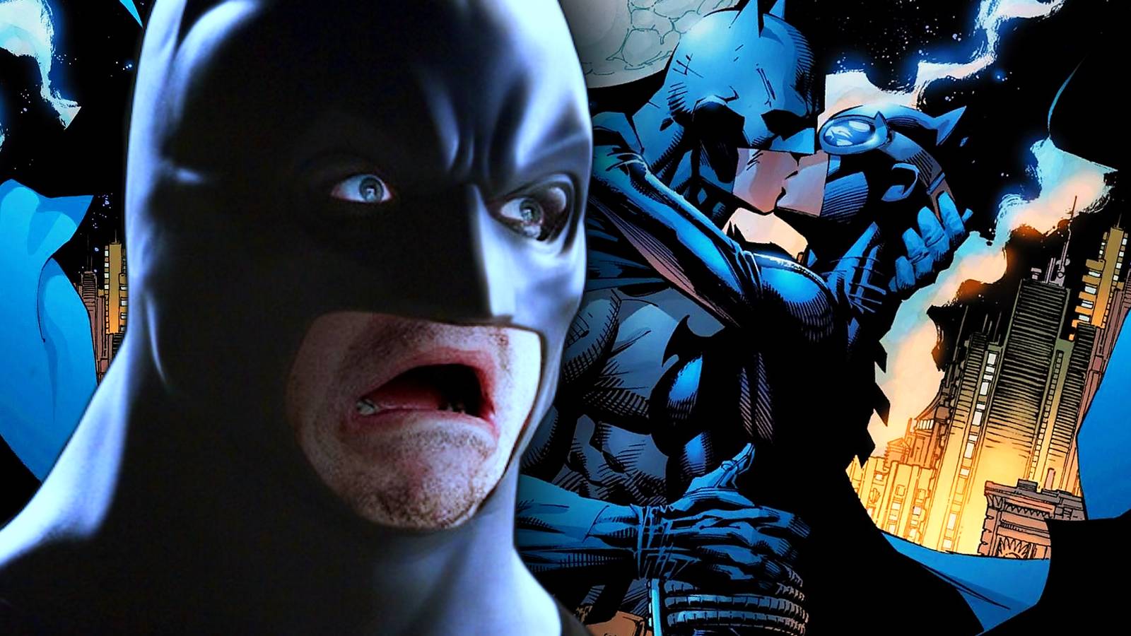 Batman Shocked at Bruce and Catwoman Comic Kiss Art