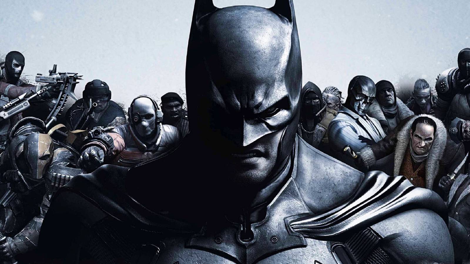 Batman stands in front of all his DC villains in Arkham video game poster