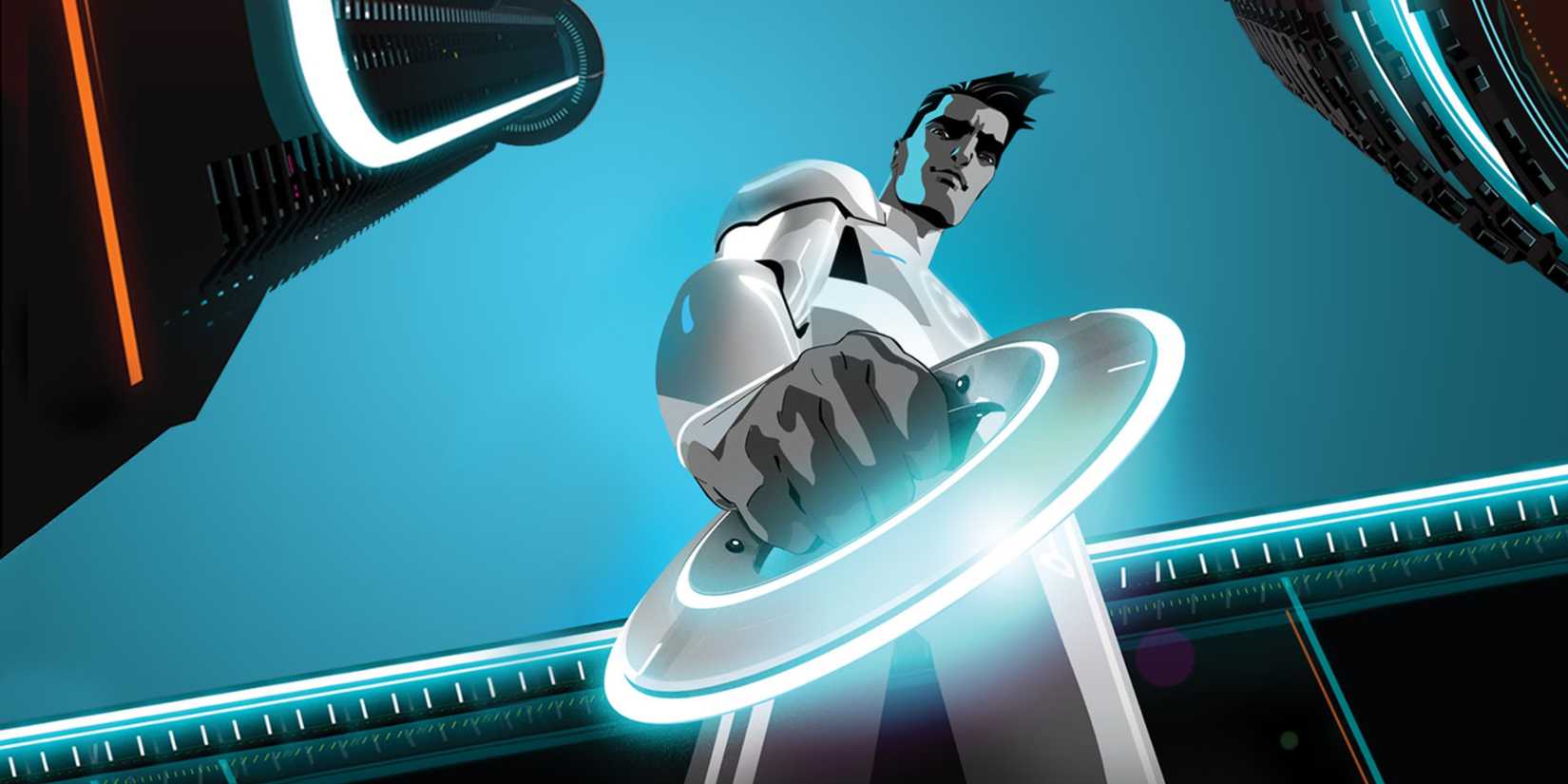 Beck segurando um disco de luz em Tron Uprising