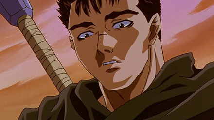 Berserk 1997 anime featured image - Guts looking shocked and surprised
