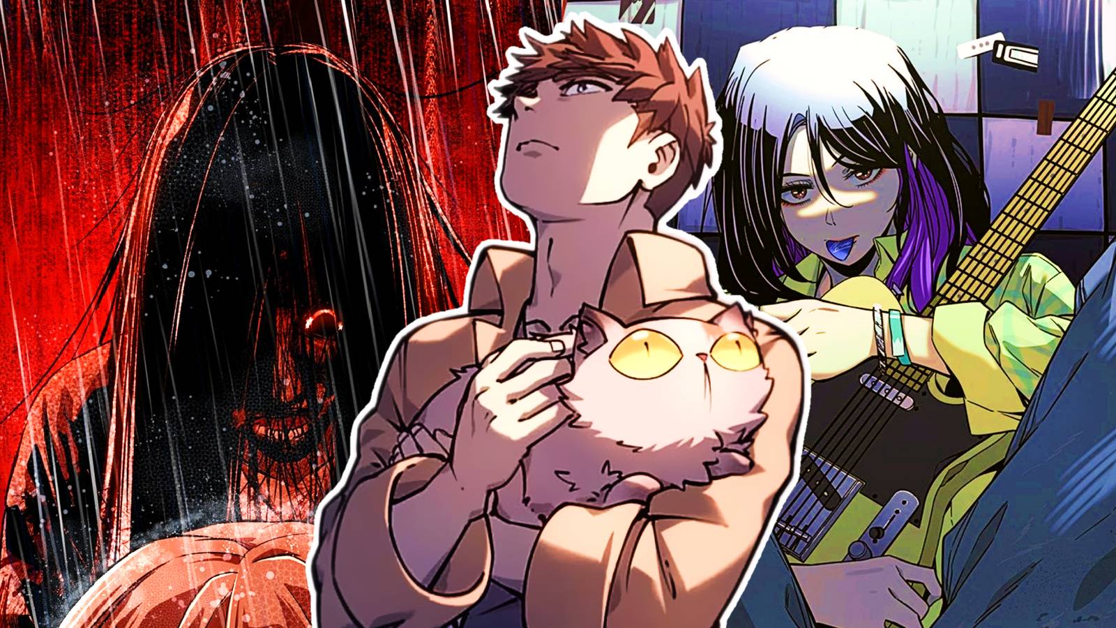 Best new manhwa on webtoon header featuring ghost dating simulation dungeon crawler carl and my bias gets on the last train