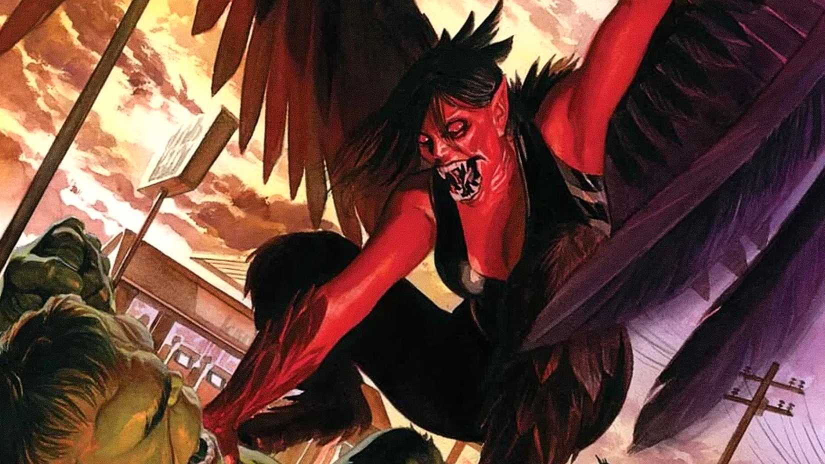 Betty Ross aka Red Harpy attacks Hulk with her claws spreading her wings in The Immortal Hulk cover