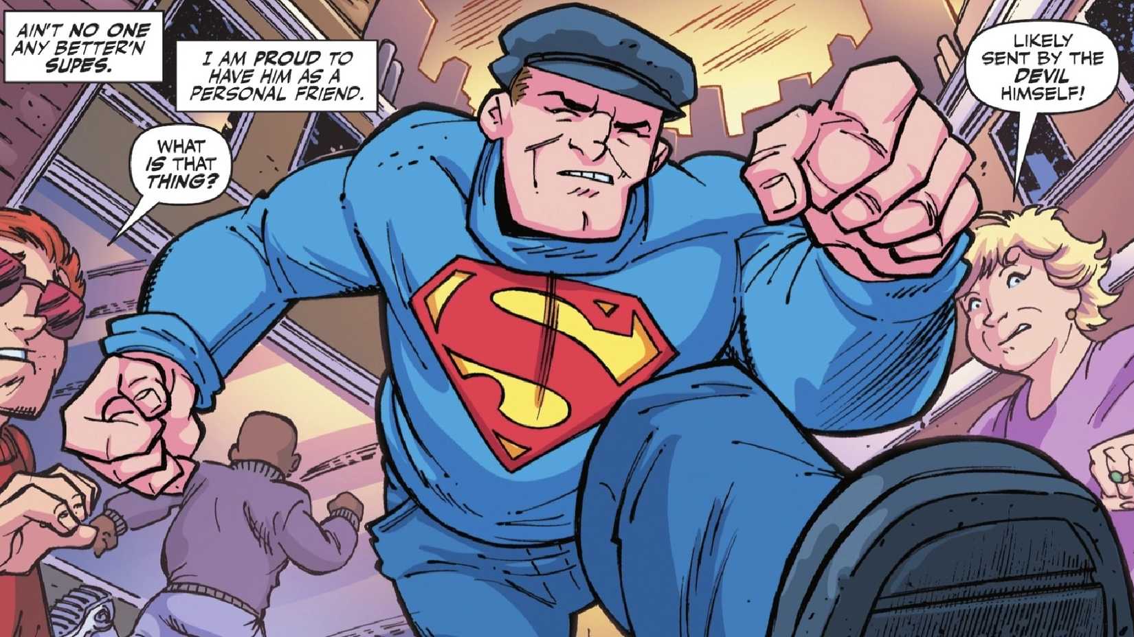 Bibbo Bibbowski corre tra una folla di Metropolis indossando una maglietta di Superman