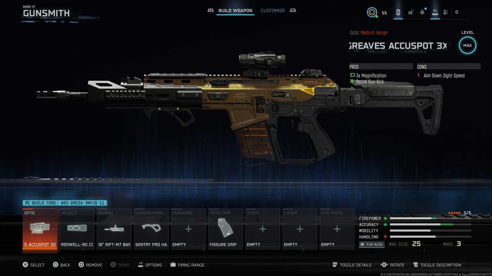 Black Ops 7 menu screenshot showing which attachments are on an MXR-17 loadout,