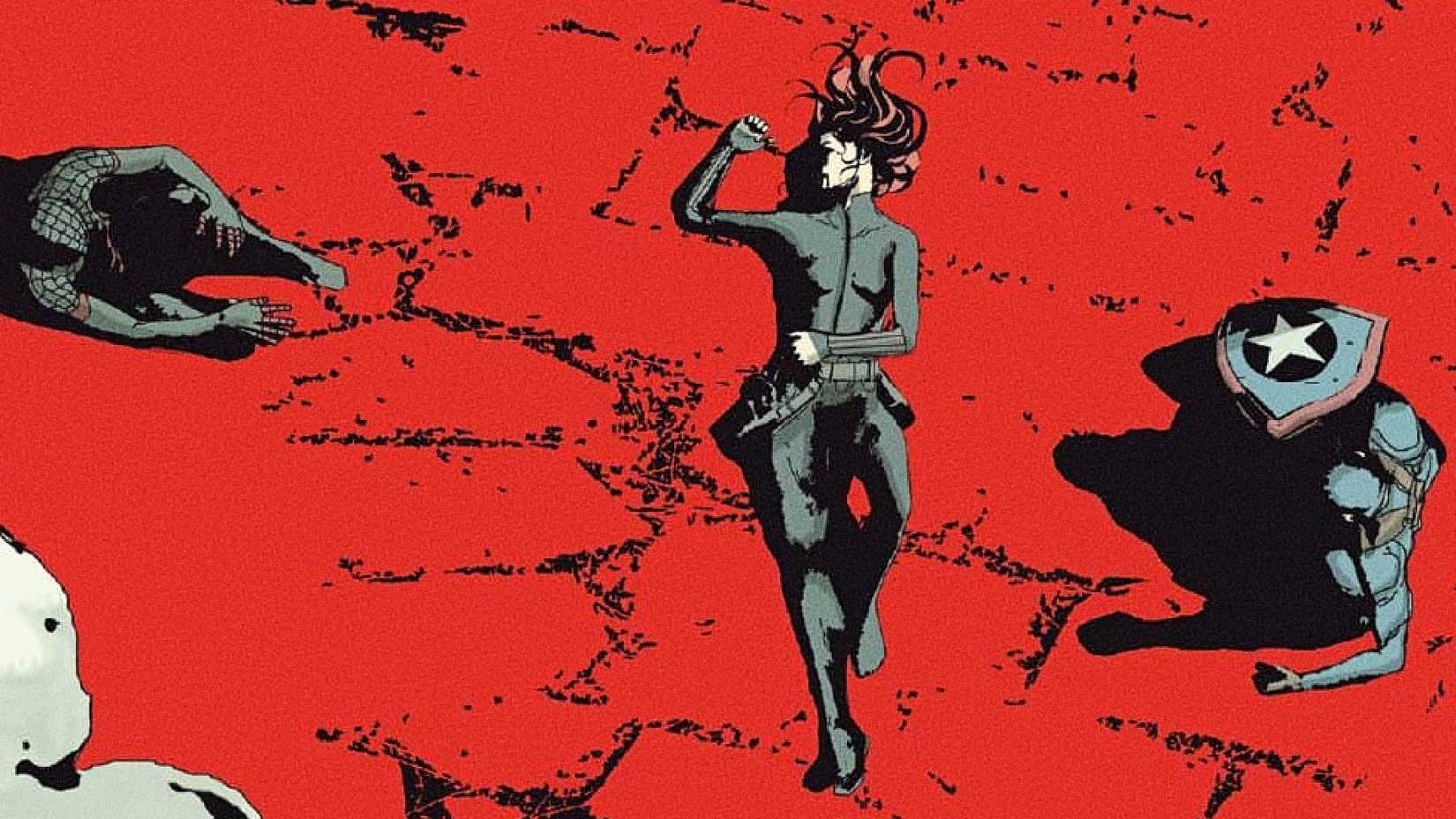 Viúva Negra jaz morta no chão vermelho depois que o Capitão América a assassina com seu escudo em Império Secreto