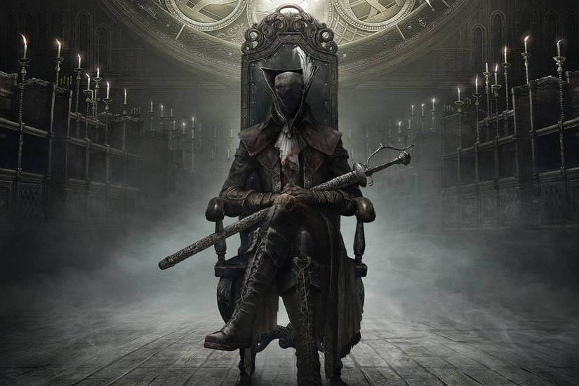 Bloodborne's silent protagonist sits on a chair in a dark room.