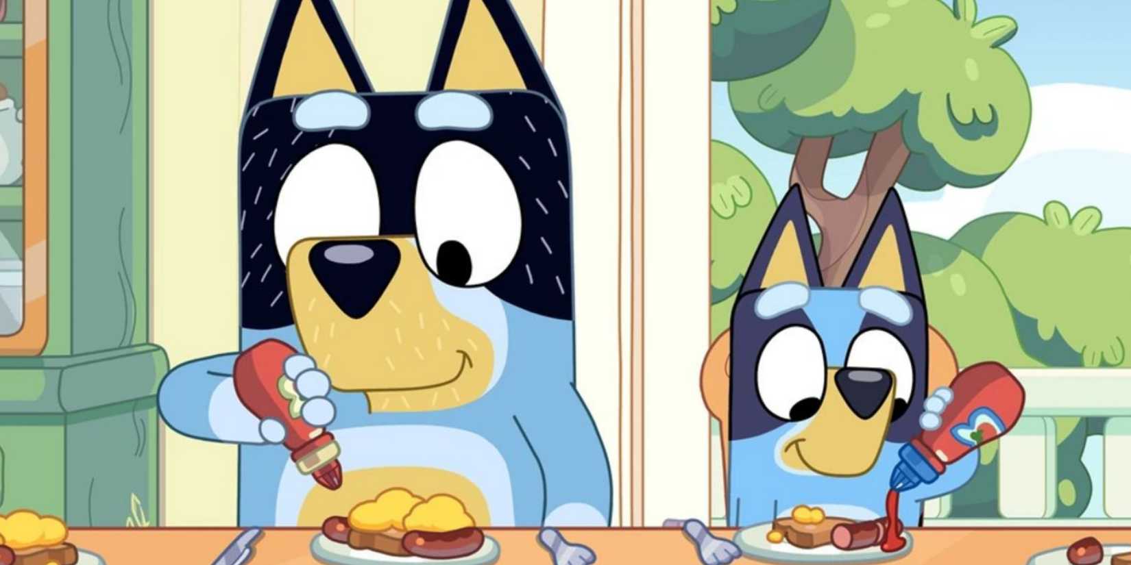 bluey and bandit putting ketchup on their sausages