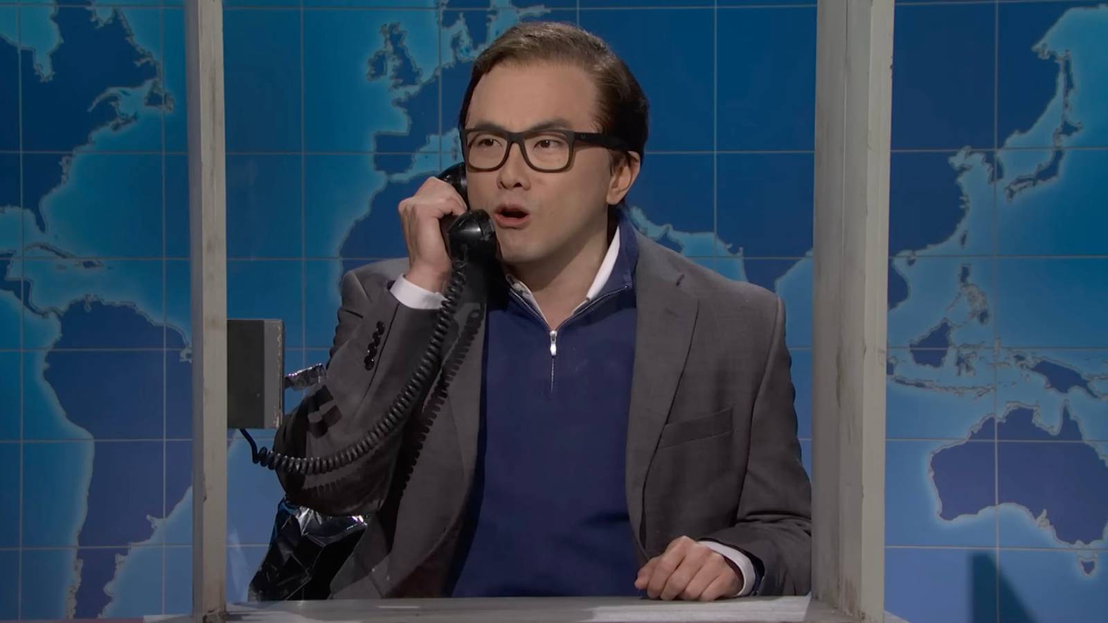 Bowen Yang portrays George Santos on Saturday Night Live's Weekend Update.