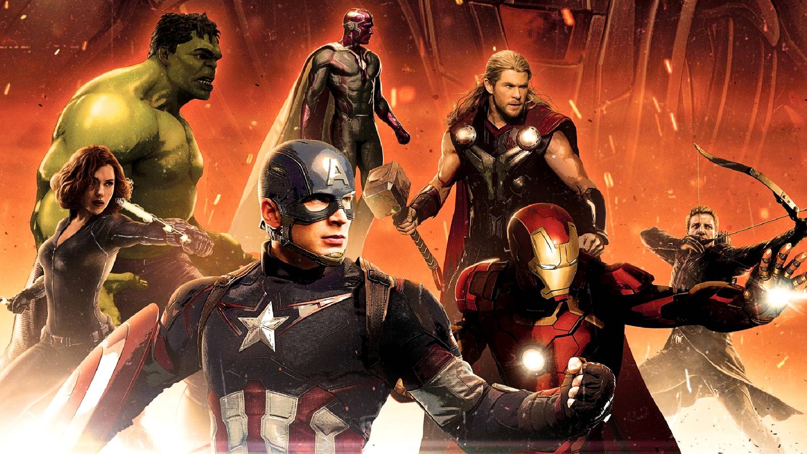 Captain America and Iron Man lead the Avengers in a fiery battlefield in Age of Ultron poster