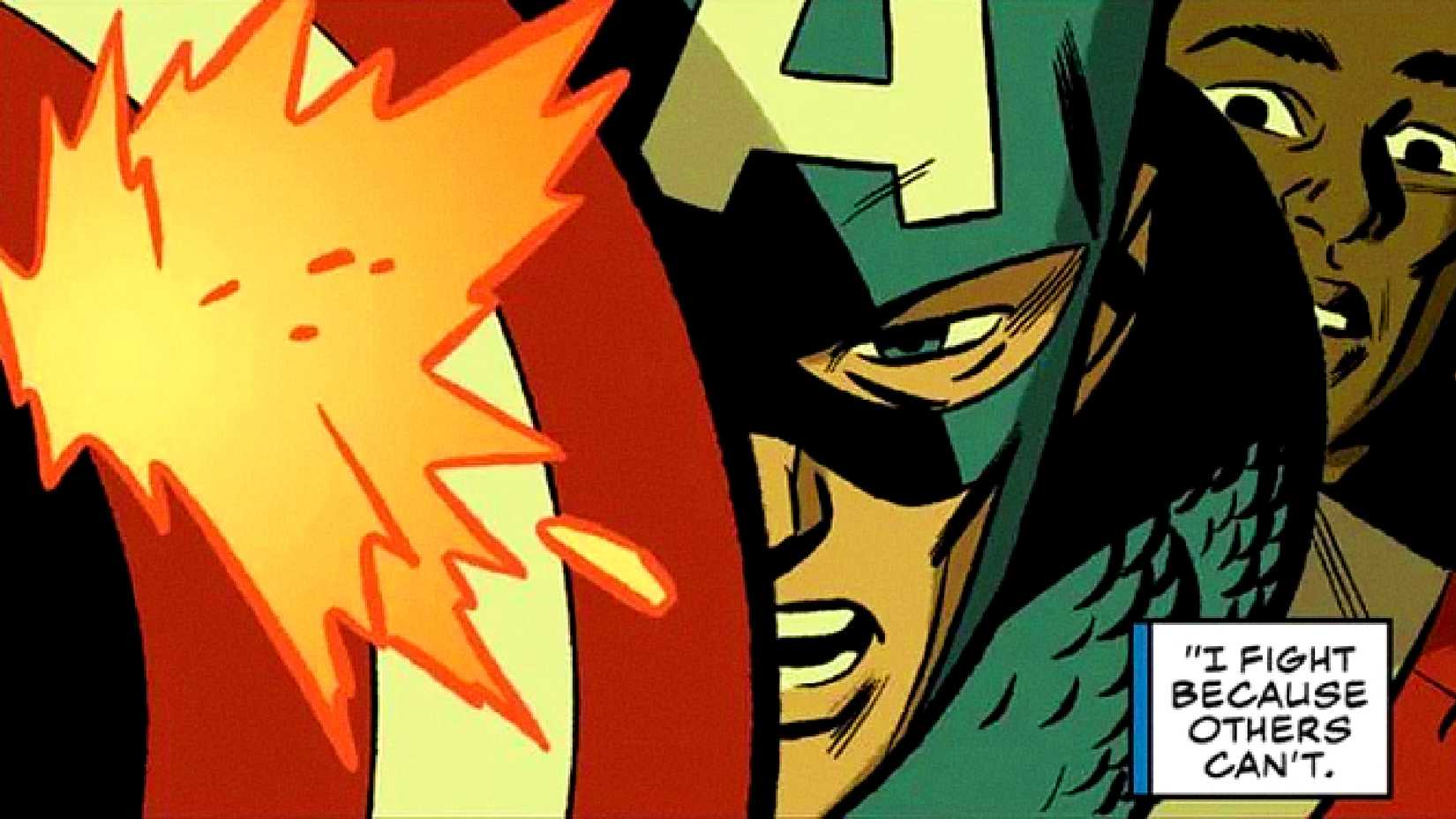 Captain America protects innocent bystanders with his shield in Marvel Comics