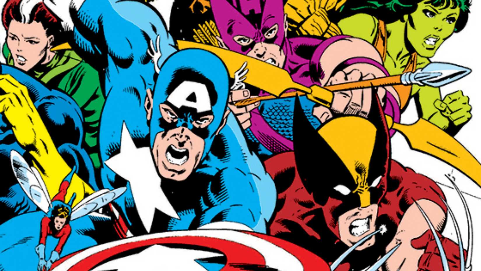 Captain America, Wasp, and Wolverine lead the charge alongside Hawkeye, Rogue, and She-Hulk in Marvel's original 1984 Secret Wars comic cover