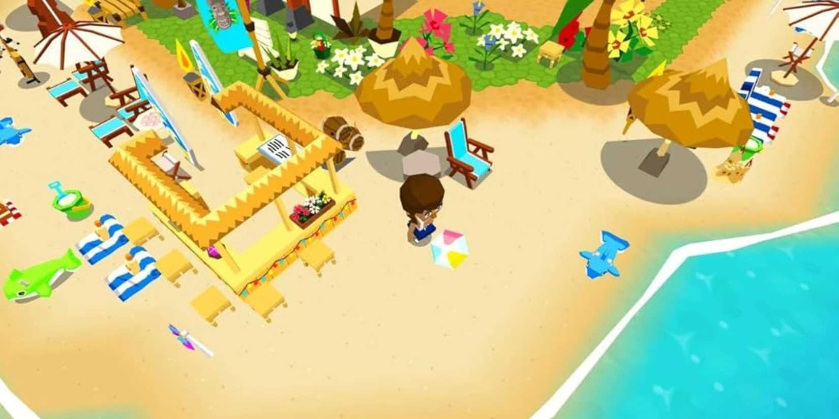 Castaway Paradise game with a character on a beach looking at a beach ball