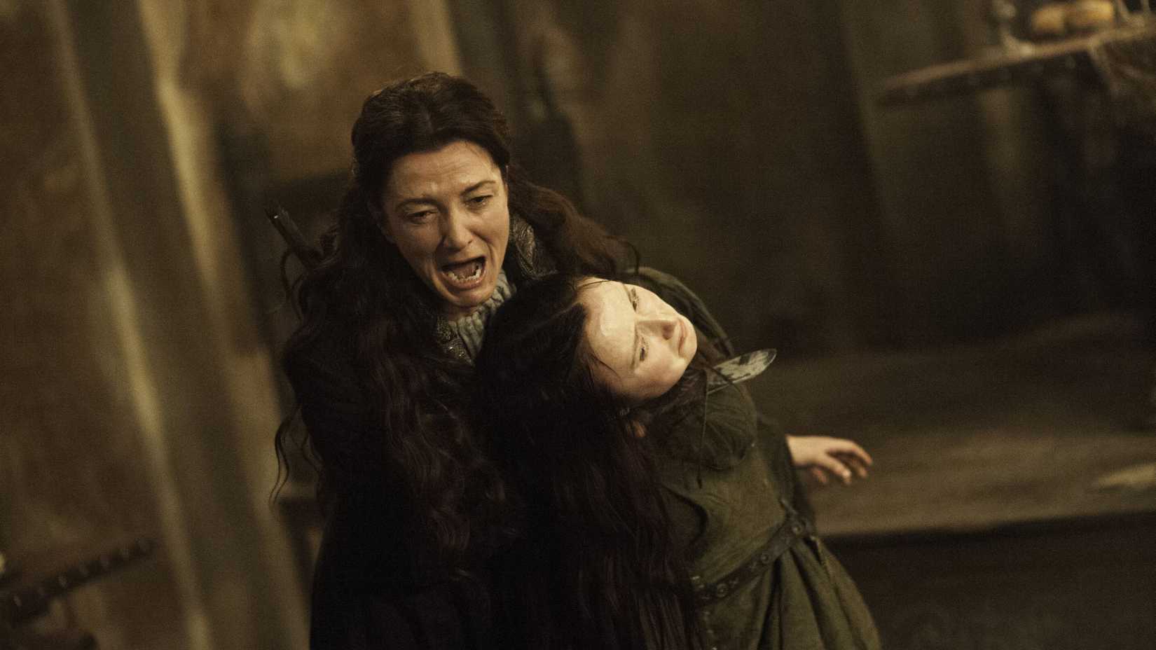 Catelyn Stark grita durante a cena do Casamento Vermelho em Game of Thrones
