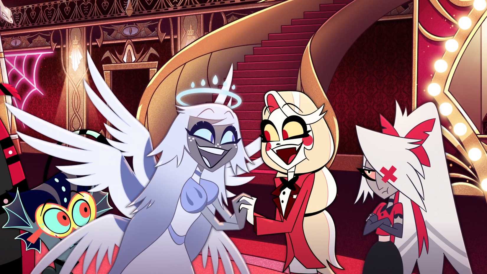 Charlie e Emily de mãos dadas, demonstrando entusiasmo na temporada 2 de Hazbin Hotel
