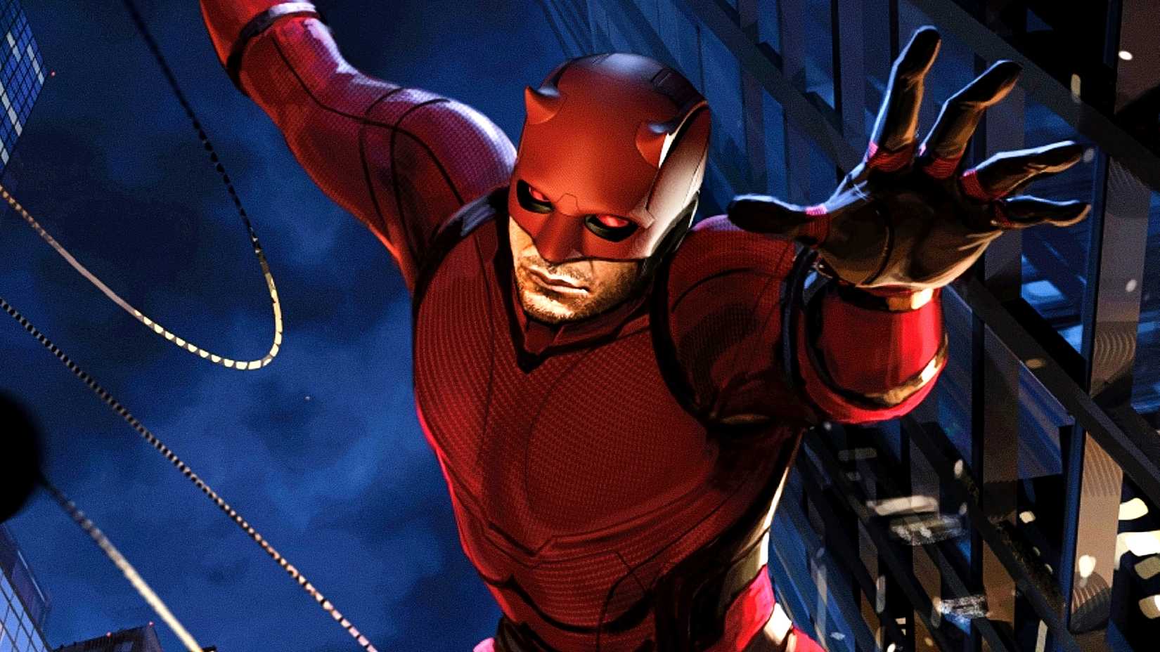 Charlie Cox's Matt Murdock throws his baton while hopping between buildings in Daredevil Born Again concept art