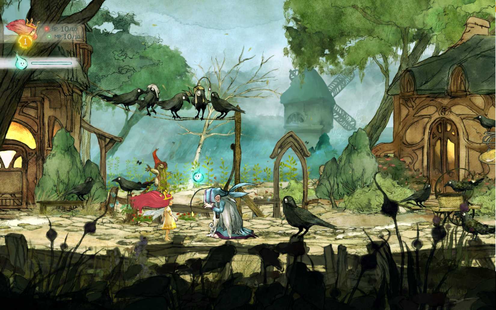 Child of light character in a town with crows around the outside