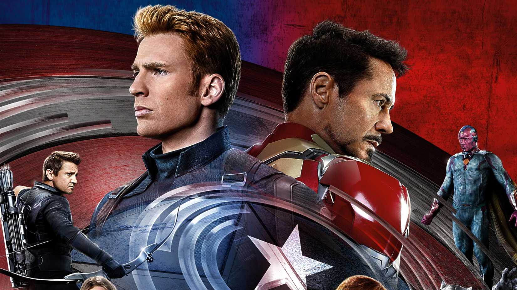 Chris Evans' Steve Rogers and Robert Downey Jr's Iron Man stand back to back surrounded by the Avengers in Captain America Civil War MCU poster
