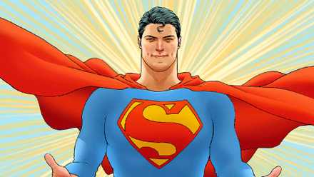 Clark Kent opens his arms smiling with his cape flowing in the wind in All-Star Superman
