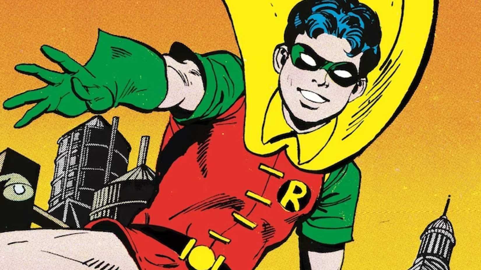 Arte clássica de quadrinhos do Robin da DC sorrindo com um braço estendido