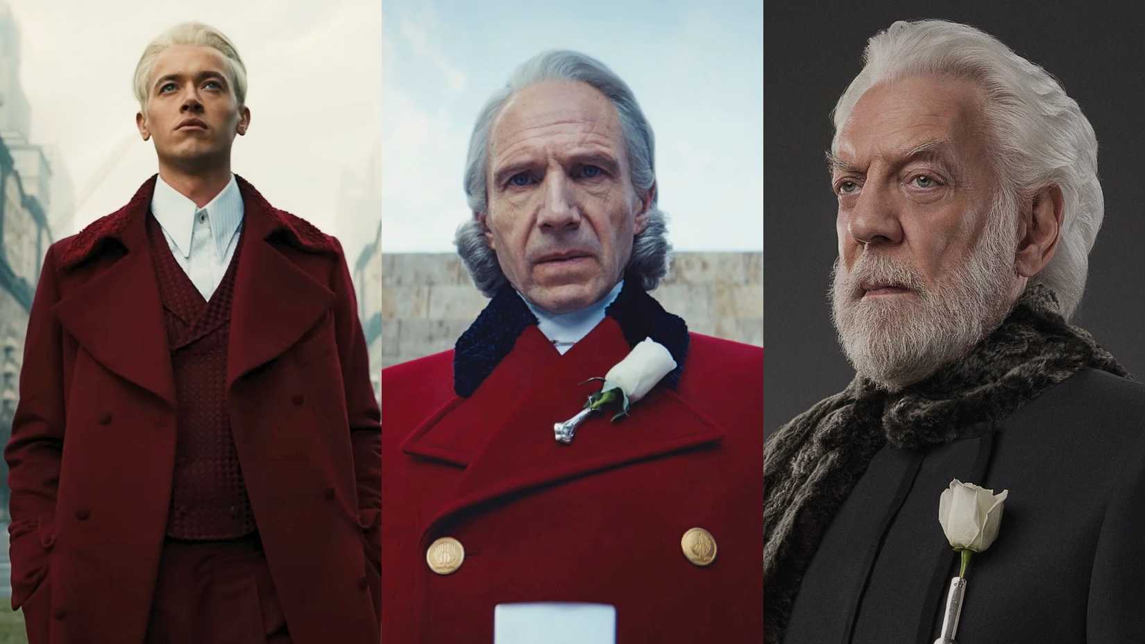 Ralph Fiennes em Sunrise on the Reaping, Tom Blyth em Ballad of Songbirds and Snakes e Donald Sutherland como Coriolanus Snow em Jogos Vorazes