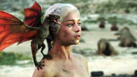Daenerys has a dragon on her shoulder in Game of Thrones