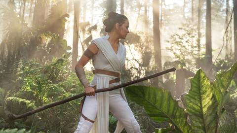Daisy Ridley as Rey in the forest in Star Wars The Rise of Skywalker